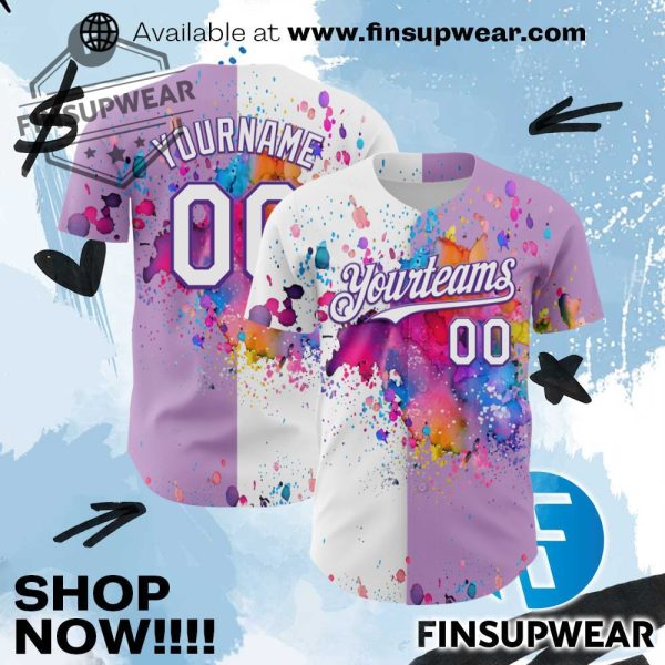 Custom Light Purple Whitepurple 3D Pattern Design Graffiti Splash Authentic Baseball Jersey finsupwear 1