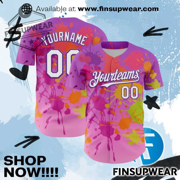 Custom Purple White 3D Pattern Design Graffiti Splash Authentic Baseball Jersey finsupwear 1
