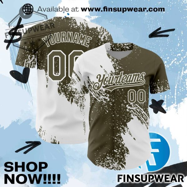 Custom White Olive 3D Pattern Design Abstract Brush Stroke Authentic Baseball Jersey finsupwear 1