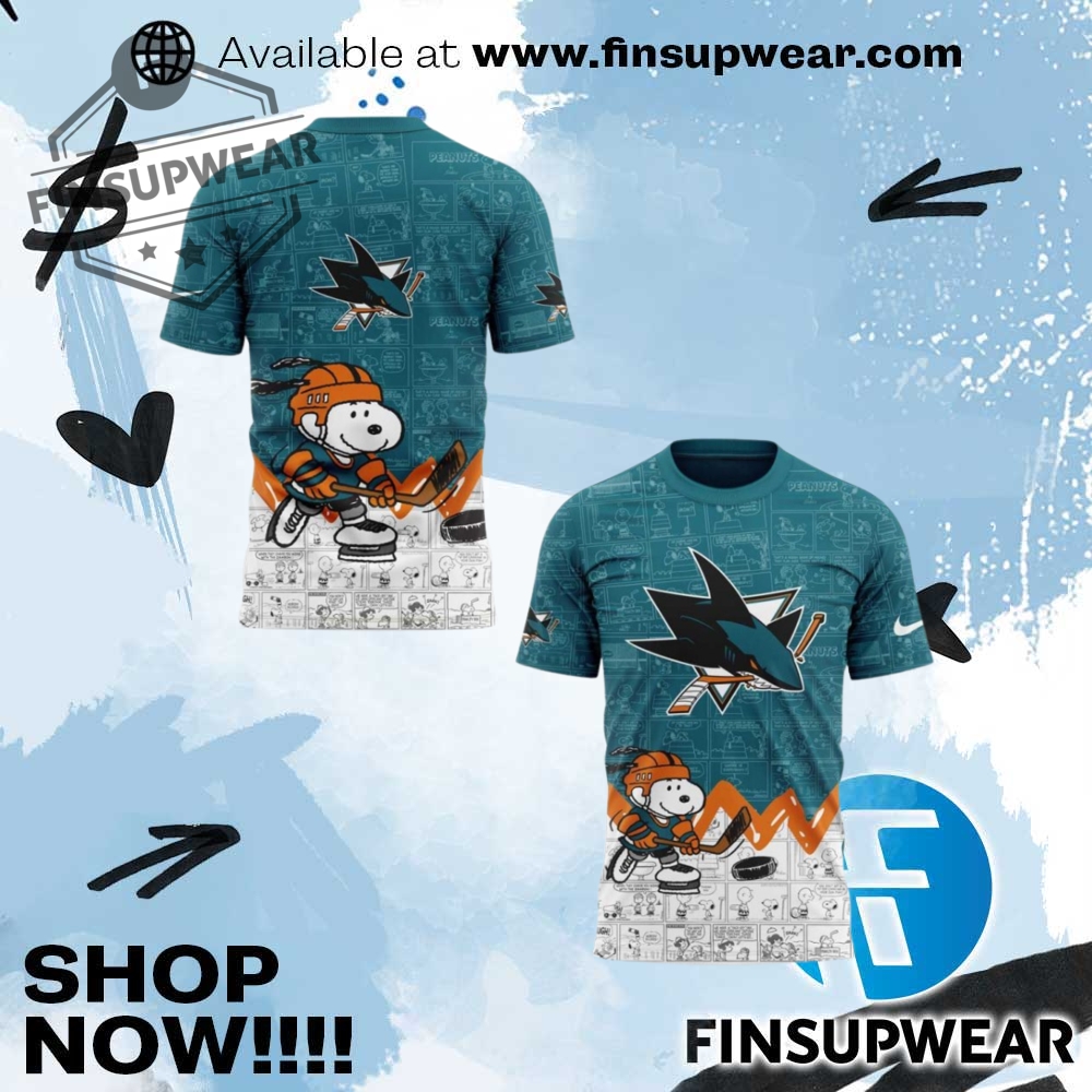 San Jose Sharks Nhl Anniversary Of Peanuts Tshirt 1 San Jose Sharks NHL Uceyjucey reppin’ the Teal Tshirt