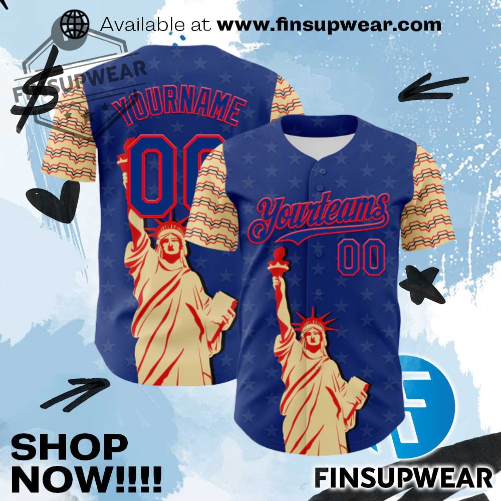 Custom Royal Fire Redcream 3D Pattern Design Patriotic American Symbol Statue Of Liberty Authentic Baseball Jersey 1 Custom Royal Fire Red-Cream 3D Pattern Design Patriotic American Symbol Statue of Liberty Authentic Baseball Jersey