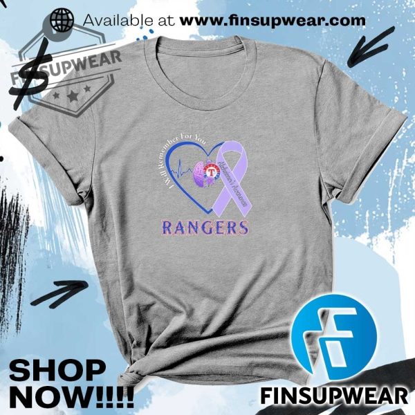 Alzheimers Awareness Heart I Will Remember For You Texas Rangers Shirt finsupwear 2