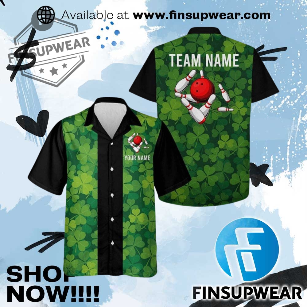 Green Clover Black Retro Bowling Hawaiian Shirt