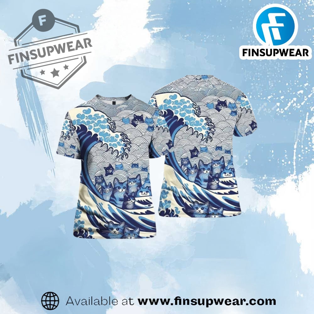 Womens Blue Waves Cats Print Shirt